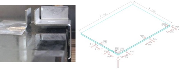 Fig. 5: Brackets fixed to upper and lower glass panes (left) and bracket position to record plane displacements (right).
