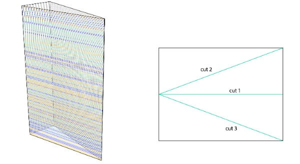 Fig. 5: The right triangular prism form of Eclipse, made from a stack of panes cut with a zero-waste pattern,  as seen on the right side.