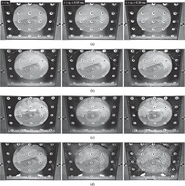 Fig. 5. Typical images from quasi-static punch tests with a fracture force of (a) 801 N, (b) 1316 N, (c) 2946 N, and (d) 5844 N, where fracture initiated at the face in (a) and (c), and at the boundary in (b) and (d).