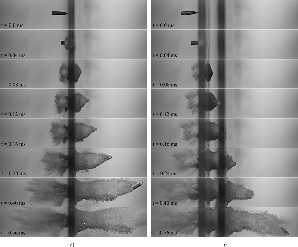 Fig. 5. High-speed camera images of a) DLx1-2 where  m/s and  m/s, b) DLx2-2 where  m/s and  m/s.