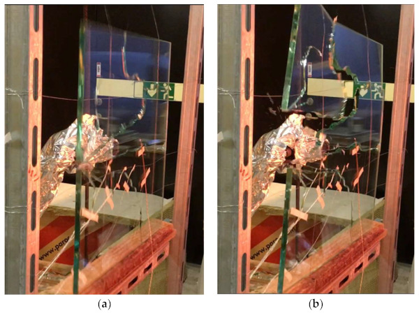 Figure 5. Specimen (Test #2) during testing: (a) initiation of a crack at the vertical edge; (b) failure of the specimen, characteristic curved thermal cracks can be noticed.