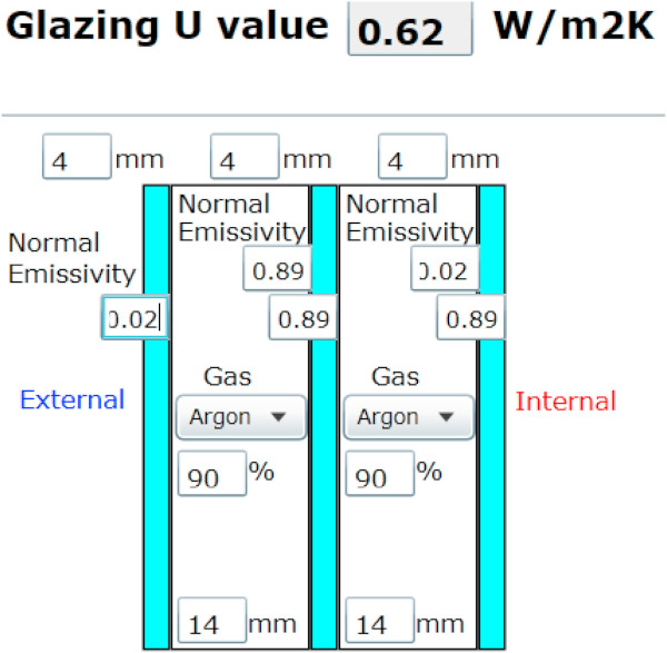 Fig. 5. Ug-value calculation for a triple glazing according to EN 673 [23] with a value corresponding to the declared Ug-value of triple glazing units. Normal emissivity means ε = 0.89.