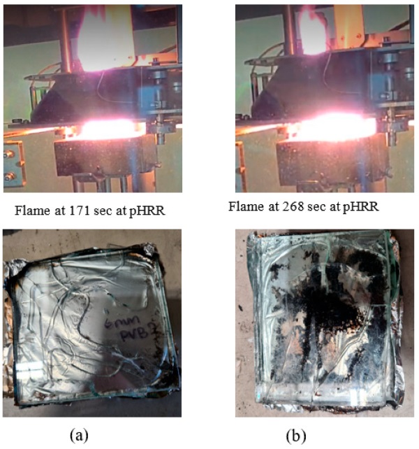Figure 5. Observation during and after fire of (a) 6 mm and (b) 10 mm glass with 0.38 PVB interlayer at 50 kW/m2 heat flux.