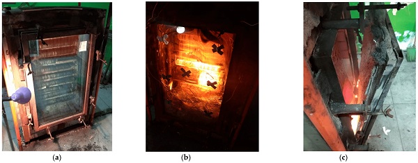 Figure 5. Small-sized sample No. 1.1 (a) before, (b) in the process and (c) after the fire impact. Photo by the authors.