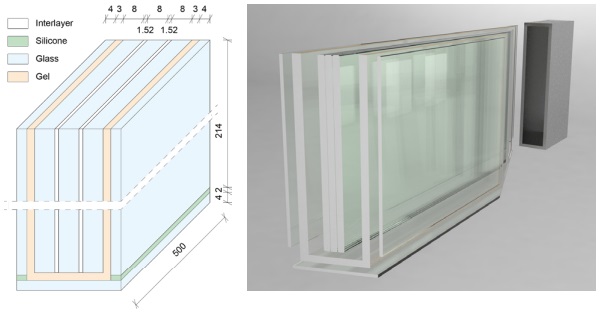 Figure 5 Schematic illustration (left) and rendering (right) of the glass beam with fire protection.