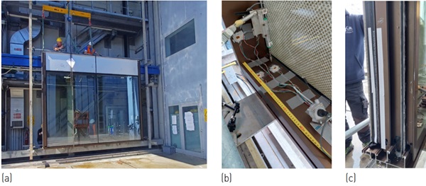 Figure 5. (a) Specimen assembly; (b) Monitoring system: potentiometer and strain gauges in the frame corner; (c) silicone joint monitored through cameras.