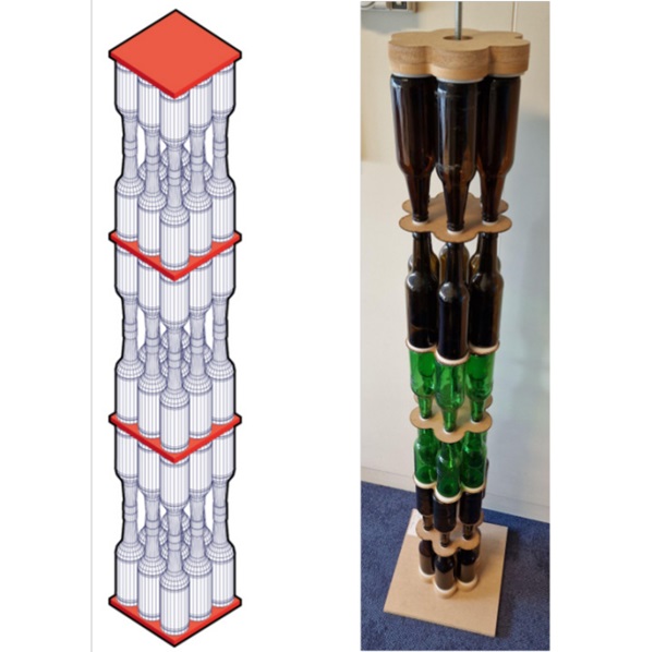 Figure 5 – A conceptual design of a glass bottle column (left) and an actual prototype (right).