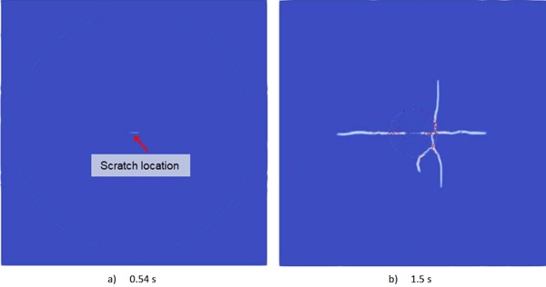 Fig.5: Damage pattern of scratched glass at different time.