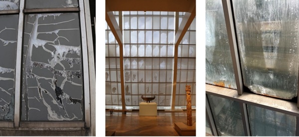 Fig. 5: Existing Conditions of Sloped Glazing at MCR Wing - Degrading Post-Applied Film, Fixed Shades, & Condensation/IGU Failures.