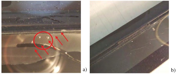 Figure 5: Defects recorded after 21 weeks at 60°C:  a) bubbles in sample 44.2-HA-E/01; b) bubbles in sample 44.2-HA-E/03