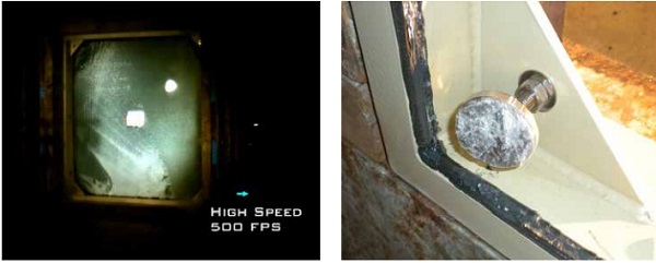 Figure 6: Glass breakage at ~4” of deflection, Frame 1, Test1 | Figure 7: Glass shards adhered to the TSSA and weatherseal