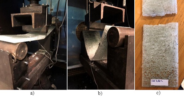 Fig. 6 Typical failure mode of laminated glass with the PVB interlayer at 35°C a) and 60°C b) and with the EVA interlayer at 60°C c).