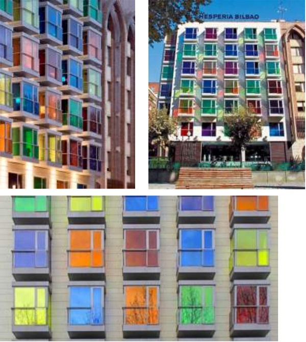 Fig. (6) Colored Glass façade’s windows of Hotel Hesperia, Bilbao, Bizkaia, Spain, 2005