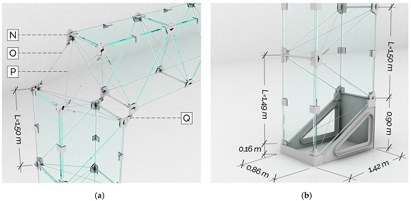 Figure 6. TVTγ-bis frame portal joints (a) beam-to-column joint and (b) column-to-base joint: N—Extreme node of the beam; O—fork-end steel bars with steel sleeve for regulation; P—cross bracing strands; Q—a finger joint connection with a M24 linchpin.