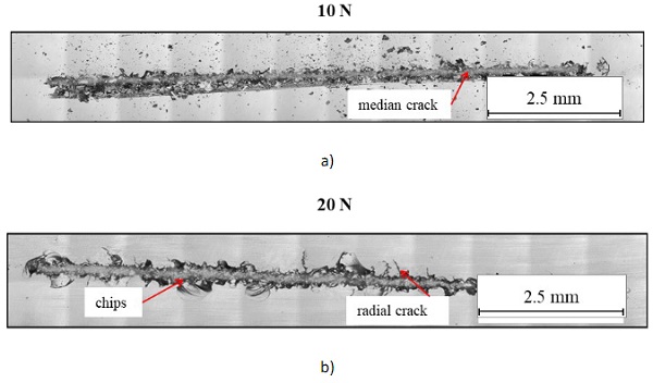 Fig. 6: Plan view of damage characteristic on glass surface with a) 10 N; and b) 20 N;