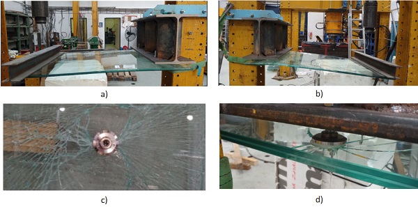 Fig. 6: a) The fractured specimen; b) The specimen after 48 hours; c) A detail of the fracture around the connection; d) The spider-shaped fracture.