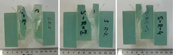 Fig. 6: Failure modes of specimens, substrate failure (left), combination adhesive-substrate failure mode with predominant substrate failure (middle), combination adhesive-substrate failure mode (right).