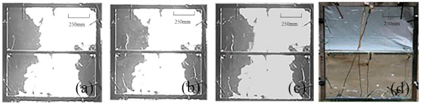 Figure 6. The crack extension and final shape of the frame-supported float glass, (a) Initial crack initiation, (b) Crack initiation location, (c) Crack extension direction and (d) Final crack pattern.