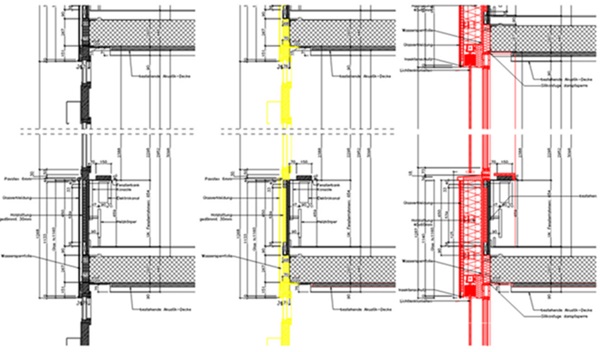 Fig. 6: Schematic vertical section. (black=existing; yellow=deconstr; red=remanufacturing and new)