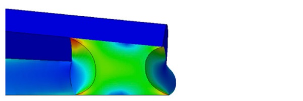 Fig. 6 Sample design 3: 20mm x 9.525mm- AR=2.1: uniform maximum principal strain region, mainly in tension. 