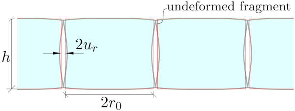 Fig. 6. Expansion of a glass plate due to deformations in neighbouring fragments. The red lines indicates the undeformed fragment geometry. (For interpretation of the references to colour in this figure legend, the reader is referred to the web version of this article.)