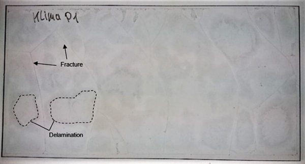 Figure 6: 200x400 mm² samples after completed climate change test with 12 cycles. Delamination and fractures occurred.