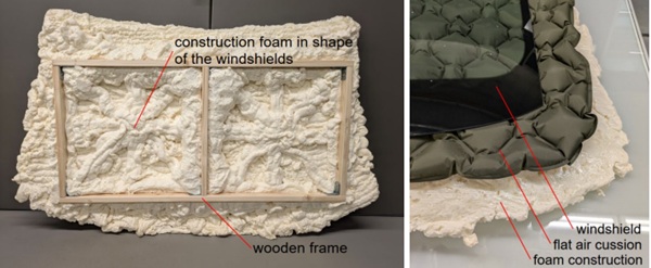Fig. 6: Support construction made of construction foam (left), setup for SCALP measurements (right).