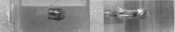Fig. 6: (left) 0.44 Magnum FMJ = Full Metal Jacketed at 440m/s and (right) 0.44 Magnum JSP = Jacketed Soft Point at 440m/s embedded in the PVB interlayer block.