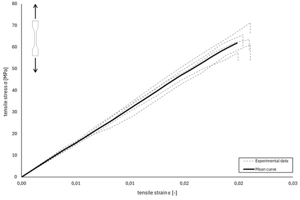 Fig. 6: Individual and average tensile stress-strain curve for the investigated adhesive system