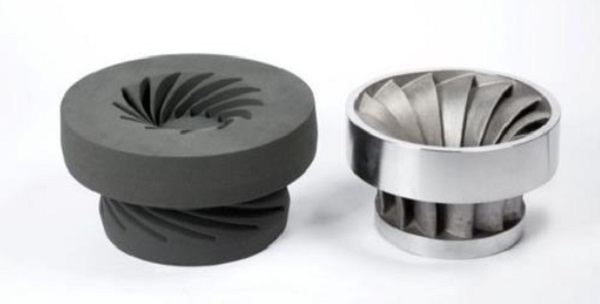 Fig. 6a) Example of metal casting (right) by a 3D-printed sand mould (left). Derived from www.voxeljet.com.