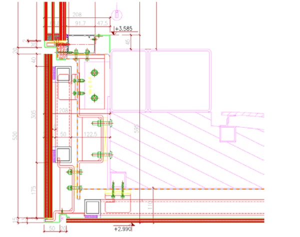 Fig. 7: Vertical section showing ceiling, glass fiber beam, cladding and connection to fixed window