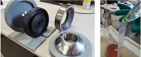 Fig 7. Left: steel and POM components, right: lamination process of one of the samples.