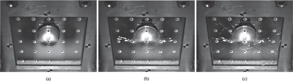 Fig. 7. Images from a reference test with a fracture force of 2225 N at (a) 0.03 ms, (b) 0.09 ms, and (c) 0.60 ms after fracture initiation.