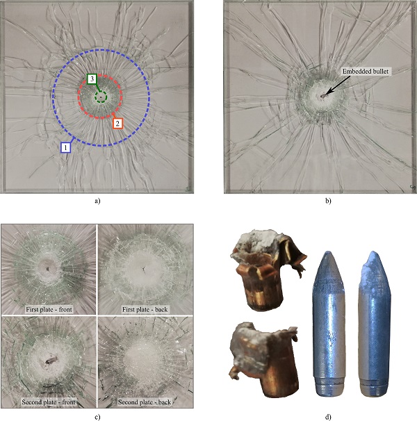 Fig. 7. Images of DLx2-1 after testing: (a) front of first plate (with assigned measurement zones) (b) front of second plate (c) close view images of the bullet holes (d) brass jacket and hardened steel core, viewed from two sides.