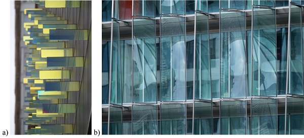 Figure 7. Dichroic Light Field in New York (arch. James Carpenter, 1995); b) W16 building in Brussels (arch. Conix RDBM Architects, 2009)