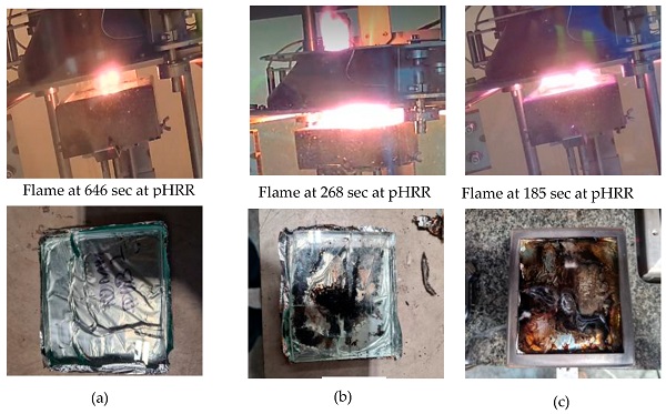 Figure 7. Observation during and after fire of 10 mm glass with 0.38 PVB interlayer with different heat fluxes: (a) 25 kW/m2 (b) 50 kW/m2 (c) 75 kW/m2.