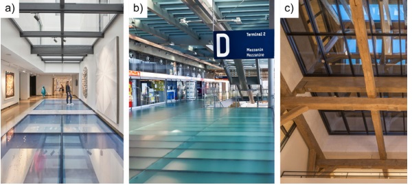 Figure 7 Application examples of fire-resistant glass beams: glass floor and roof in Museum Hotel in Nashville, USA [18] (a), glass floors in Terminal 2 airport Cologne Bonn, Germany [19] (b), fire compartment separation in a parish home in Aufkirchen, Germany [20] (c).