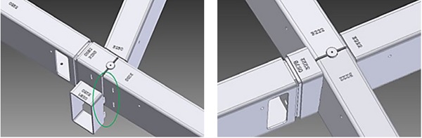 Figure 7: Design of the ‘combination node’: welded + bolted, showing the circular rod element in the centre as a basepoint, left: assembly of the welded part with the ‘male-female’ connection, right: 3D engineering model of the total node.