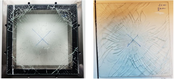 Fig. 7: Fracture Pattern of the Flat Panel (Left) and the Warped Panel (Right).
