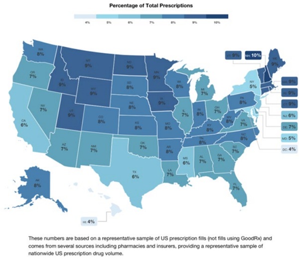Fig. 7: Proportion of anxiety and depression drugs among overall prescriptions (2022), light blue areas = 6%, dark blue areas = 9%. Retrieved from www.goodrx.com/blog/depressionand-anxiety-prescriptions-are-climbing-nationwide.