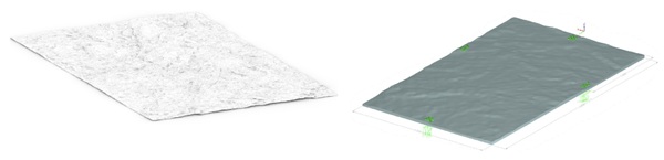 Fig. 7: Scan of the cast glass mould (left), RFEM Dlubal 3D Solid FE model (right)