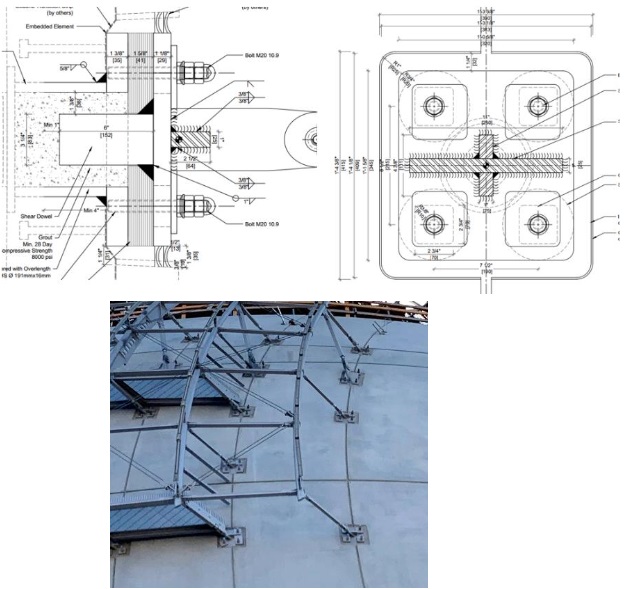 Figs. 8,9,10 Embed design for typical support struts, vertical section (left), front elevation (right) and as-built detail (below). All drawings and image: Knippers Helbig.