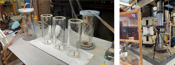 Fig 8. Left: samples ready for testing, right: one of the samples placed in the compression machine. 