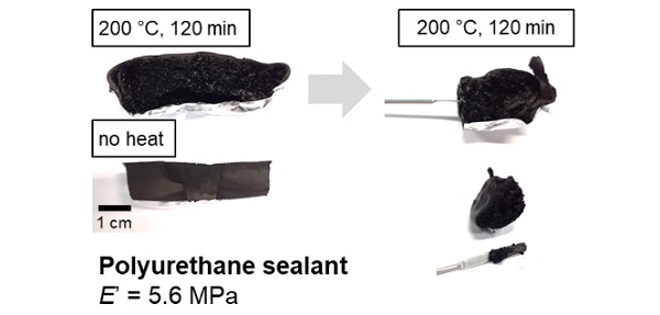 Fig. 8: Polyurethane-based bonding sealant before and after heat ageing at 200 °C for 2 h. After heating, the sealant was too soft for mechanical analysis and it was possible to push a flat spatula without much resistance into the sealant.