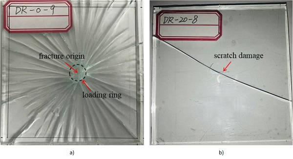 Fig. 8: Fracture pattern of a) intact and b) scratched glass specimens