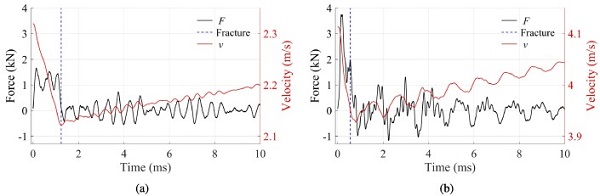 Fig. 8. Contact force (F) and velocity (v) versus time for monolithic glass tests with prescribed impact velocities: (a) 2 m/s, and (b) 4 m/s.