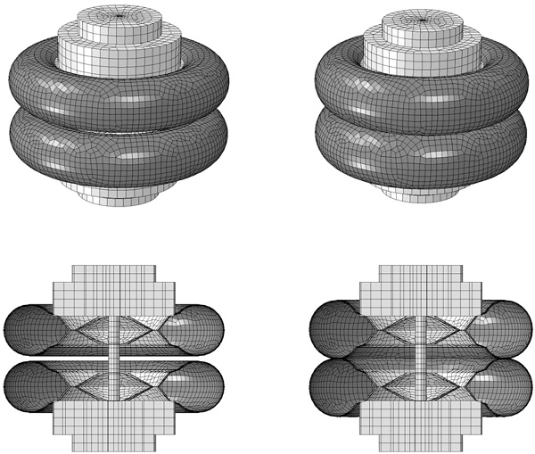 Fig. 8. Undeformed (left) and inflated (right) configuration. The rubber/nylon and steel are shown in dark-gray and gray color, respectively.