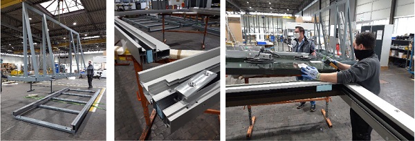 Fig. 8: Production of the frame parts. Steel frames (left), aluminum frame (center) and glazing the inner unit (right). © Josef Gartner GmbH
