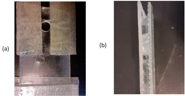 Fig. 8: (a) Failure pattern of the reinforced test specimen and (b) a close-up of the failed reinforced test specimen shows the GFRP strips hold the broken glass pieces