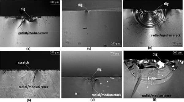 Fig. 8. Surface defects observed in (a–b) naturally aged glasses, (c–d) artificially aged glasses with 0.7 mm grain size sand, (e) artificially aged glass with 5.6 mm grain size sand, (f) artificially aged glass with 9.5 mm grain size sand [149].